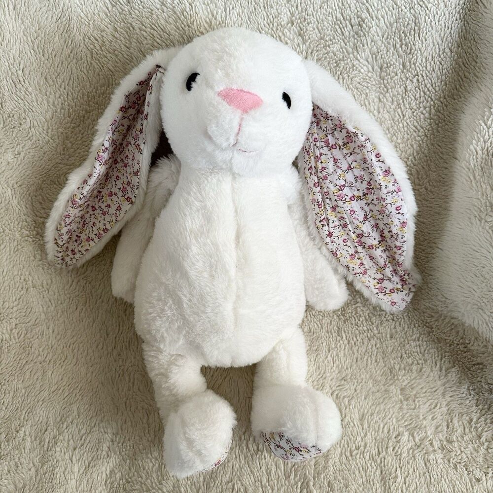 Kellytoy White Bunny Rabbit Plush Rattle Stuffed Toy Pink Floral Crinkle Ears